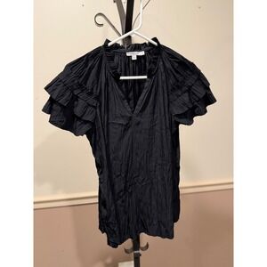 Chico's Black Pleated Ruffle Sleeve V-Neck Blouse Top Size 0 US 4